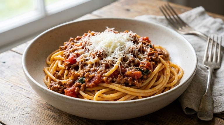 savourez un délice italien incontournable avec nos spaghetti bolognaise authentiques, généreusement nappés de fromage râpé traditionnel pour un goût riche et savoureux.