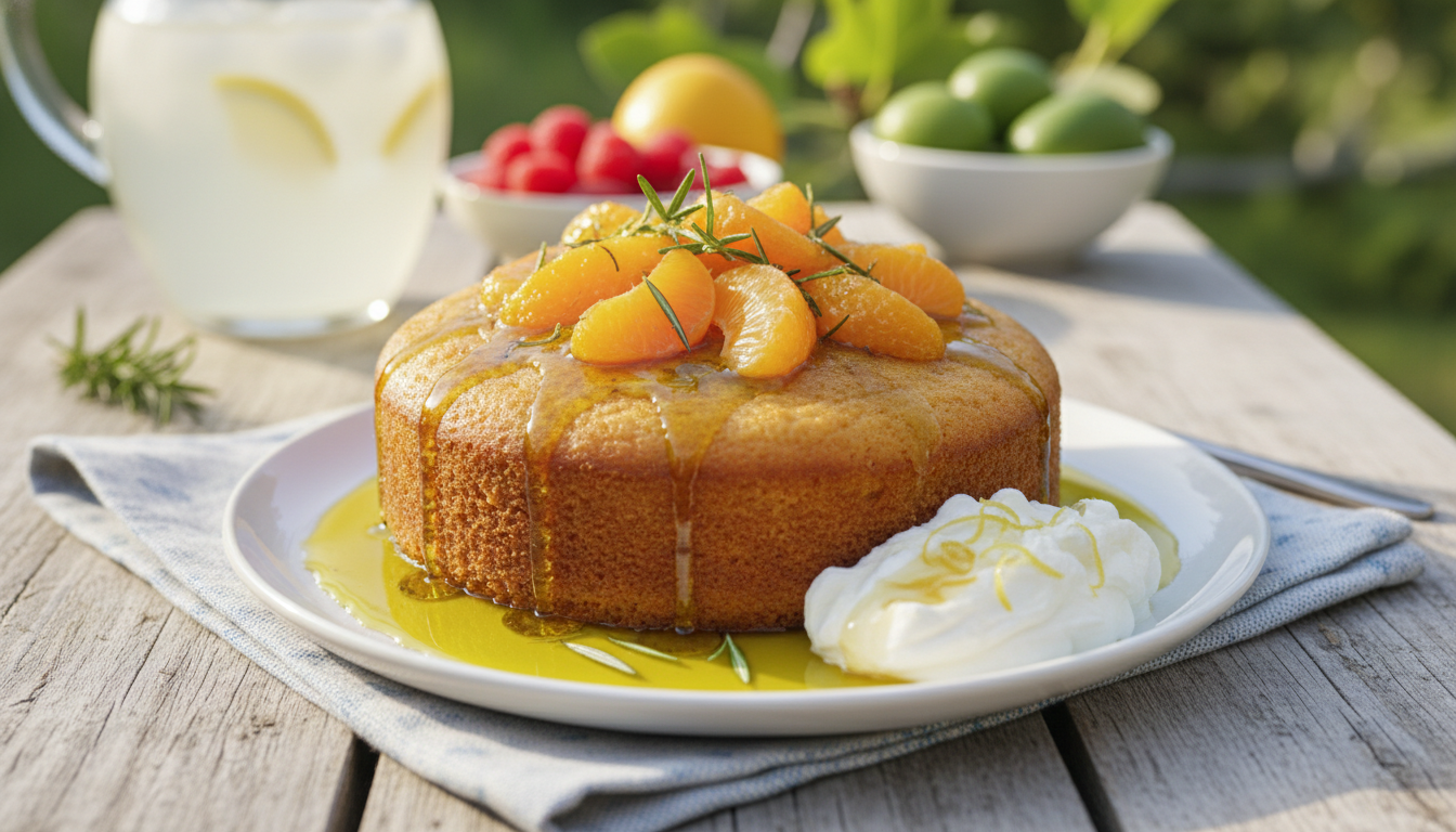 savourez un délice moelleux à la clémentine, subtilement parfumé à l’huile d’olive citronnée, posé sur un lit de crème mascarpone, pour une douceur estivale parfaite durant les fêtes.