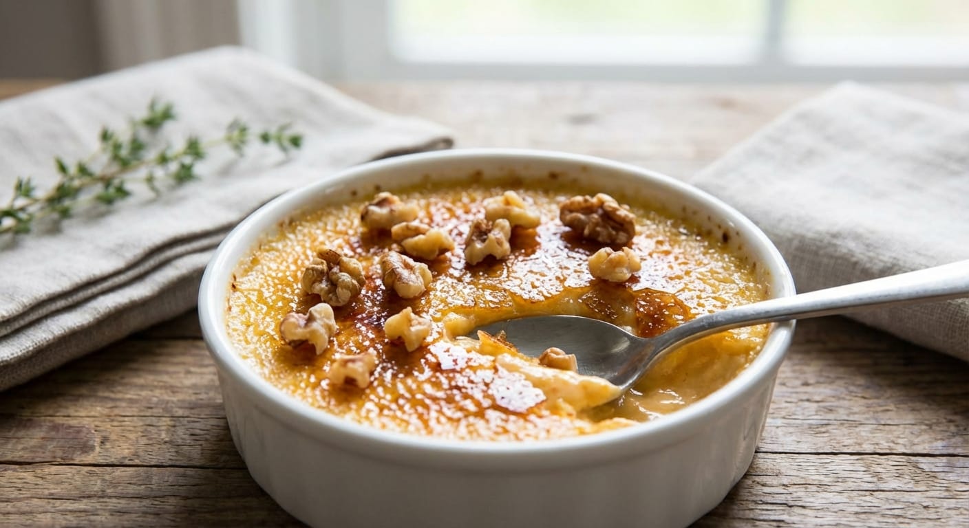 découvrez notre recette irrésistible de crème brûlée au maroilles et éclats de noix, un délicieux équilibre sucré-salé qui surprendra vos papilles.