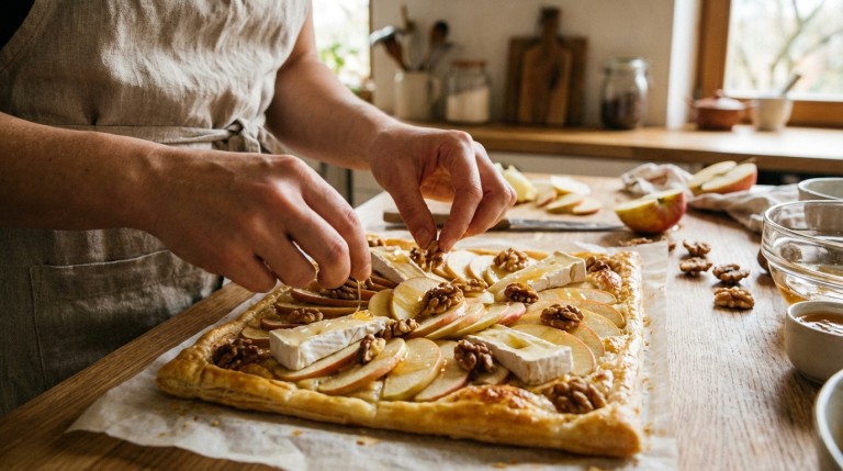 découvrez la tarte pommes-camembert, un délice sucré-salé alliant douceur fruitée et crémeux du camembert, parfaite pour un repas gourmand à partager.