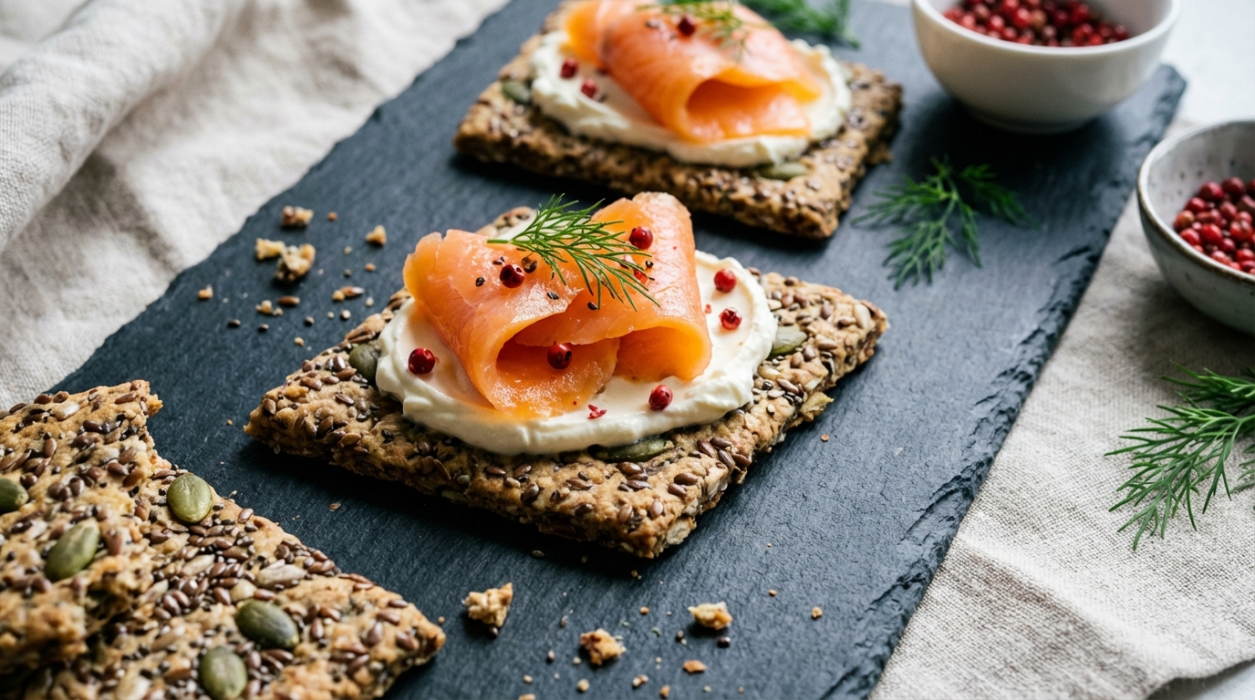découvrez nos délices croustillants : des crackers légers harmonieusement garnis de saumon fumé savoureux et de fromage frais onctueux pour une expérience gourmande et raffinée.