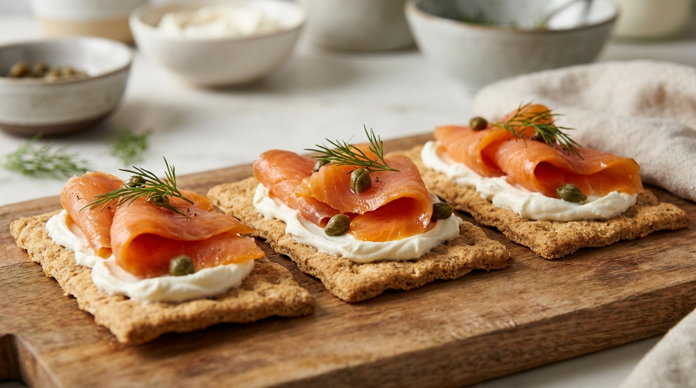 découvrez nos délices croustillants : des crackers légers garnis de saumon fumé délicat et de fromage frais onctueux, pour une expérience gourmande et raffinée.