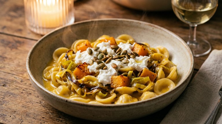 savourez des délices de pâtes aux poireaux, généreusement nappées d'une sauce onctueuse à la butternut et au fromage frais, pour un plat réconfortant et gourmand.