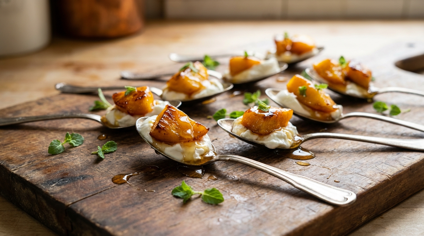 découvrez nos cuillères gourmandes de mangue rôtie au miel, sublimées par une touche de fromage frais, pour un parfait équilibre sucré-salé.