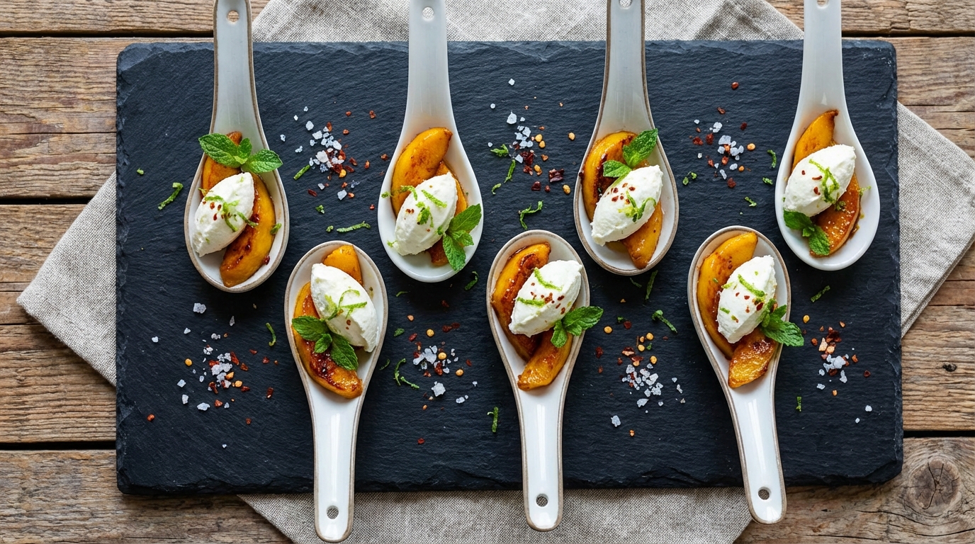 découvrez l'alliance parfaite du sucré et du salé avec nos cuillères gourmandes de mangue rôtie au miel, accompagnées de fromage frais onctueux, pour une explosion de saveurs en bouche.