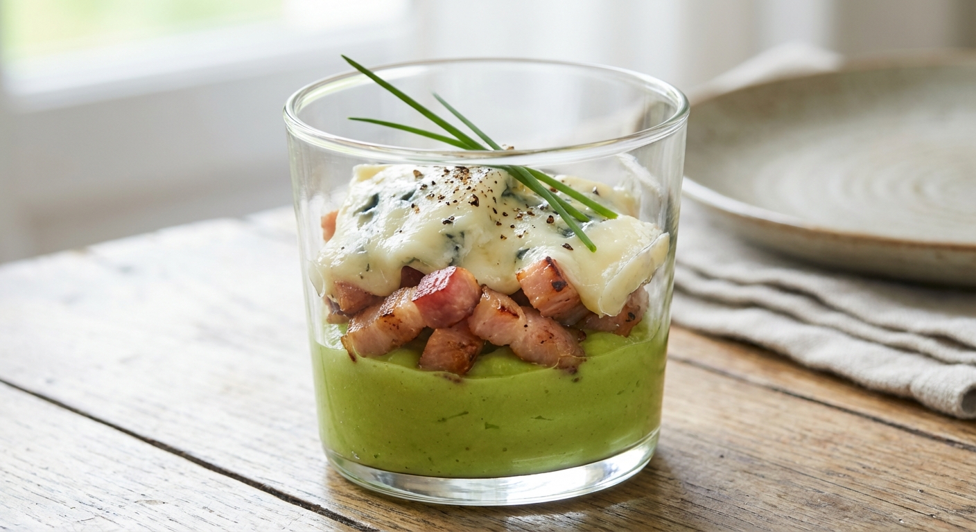découvrez notre verrine gourmande alliant la douceur crémeuse de l'avocat, le goût intense du lard fumé et la richesse fondante du roquefort pour une explosion de saveurs raffinées.