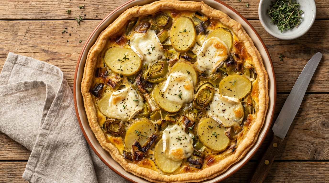 découvrez une recette gourmande de quiche au chèvre frais, poireaux et pommes de terre, parfaite pour un repas savoureux et facile à préparer.