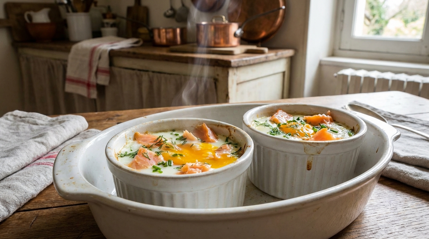 découvrez une délicieuse recette d'œuf cocotte au saumon fumé et crème légère, parfaite pour un repas gourmand et facile à préparer.