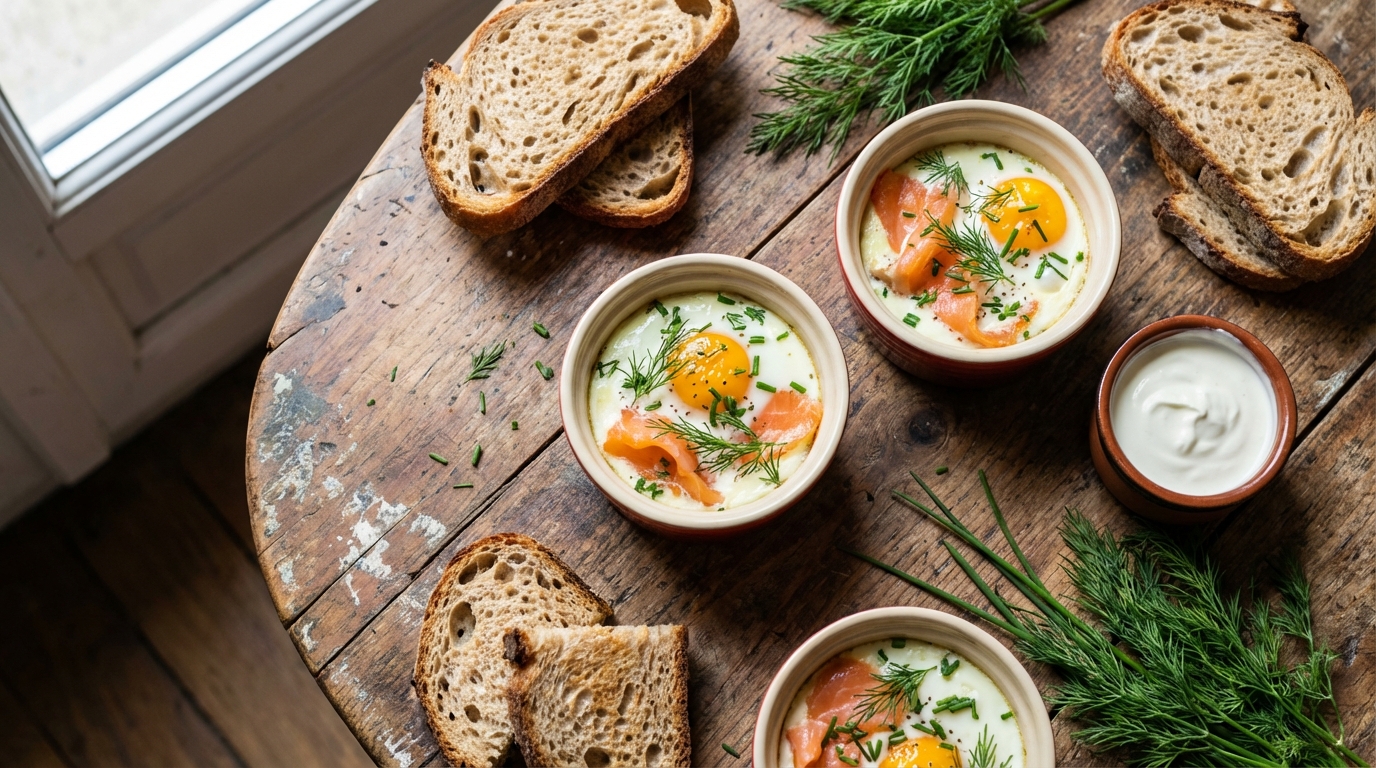 découvrez une délicieuse recette d'œuf cocotte au saumon fumé et crème légère, parfaite pour un repas gourmand et facile à préparer.
