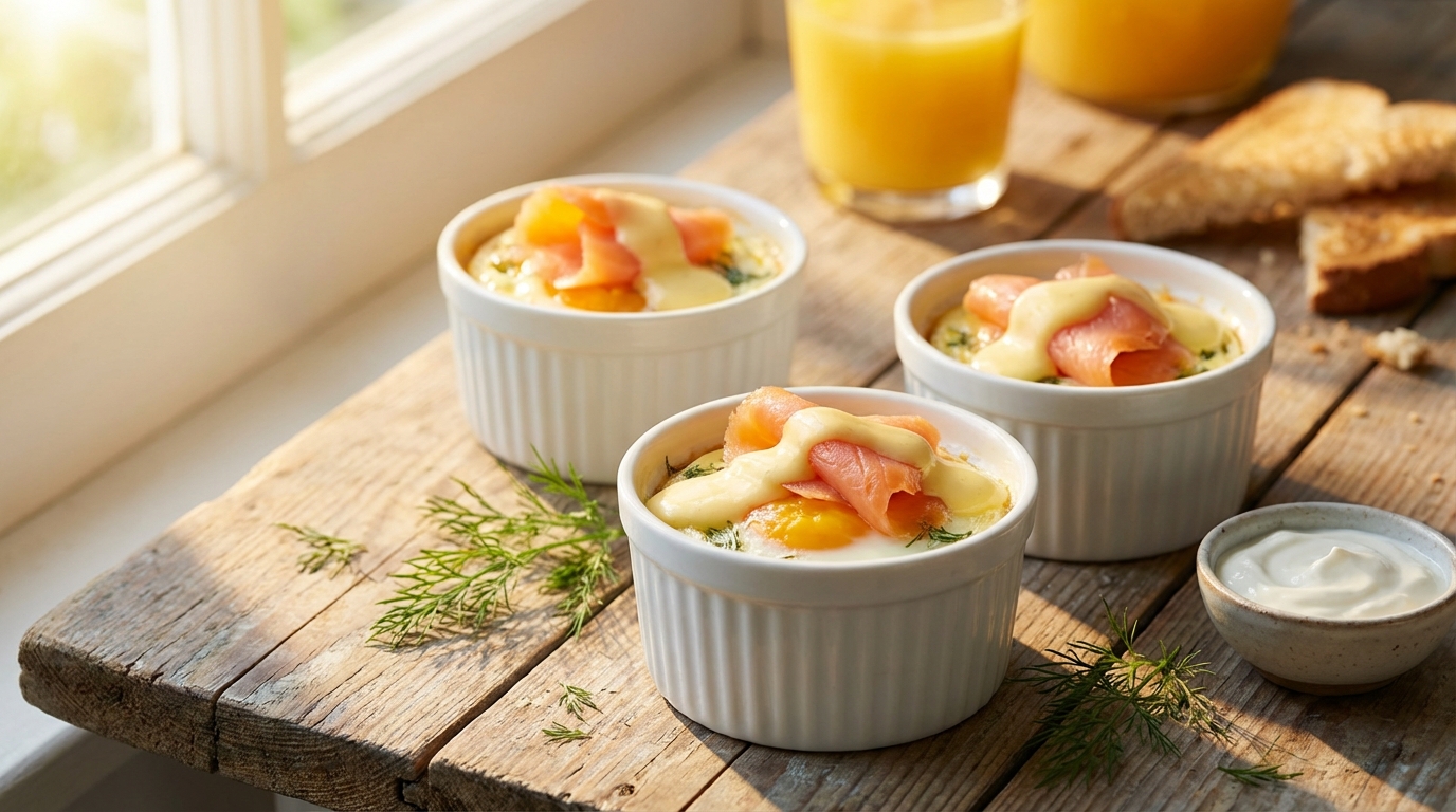 découvrez une délicieuse recette d'œuf cocotte au saumon fumé et crème légère, idéale pour un repas savoureux et facile à préparer.