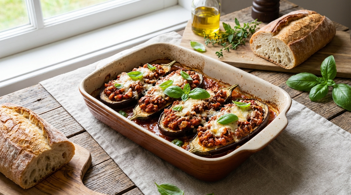 découvrez notre recette gourmande et légère d'aubergines farcies à la bolognaise allégée, parfaite pour un repas savoureux et équilibré.