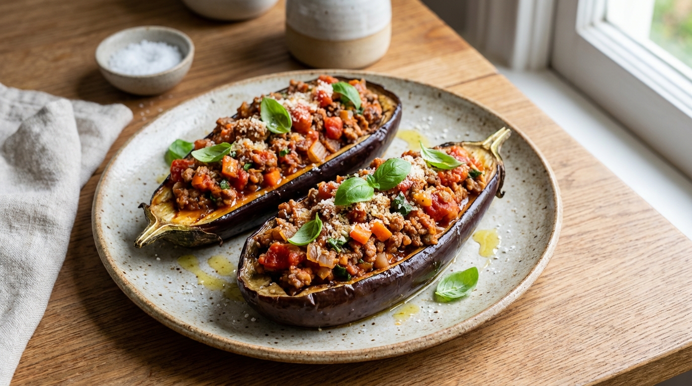 découvrez notre recette gourmande et légère d'aubergines farcies à la bolognaise allégée, parfaite pour un repas savoureux et sain.