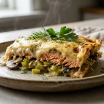 savourez nos délicieuses lasagnes au saumon, poireaux et champignons, généreusement nappées d'une béchamel légère et onctueuse, pour un plat gourmand et équilibré.