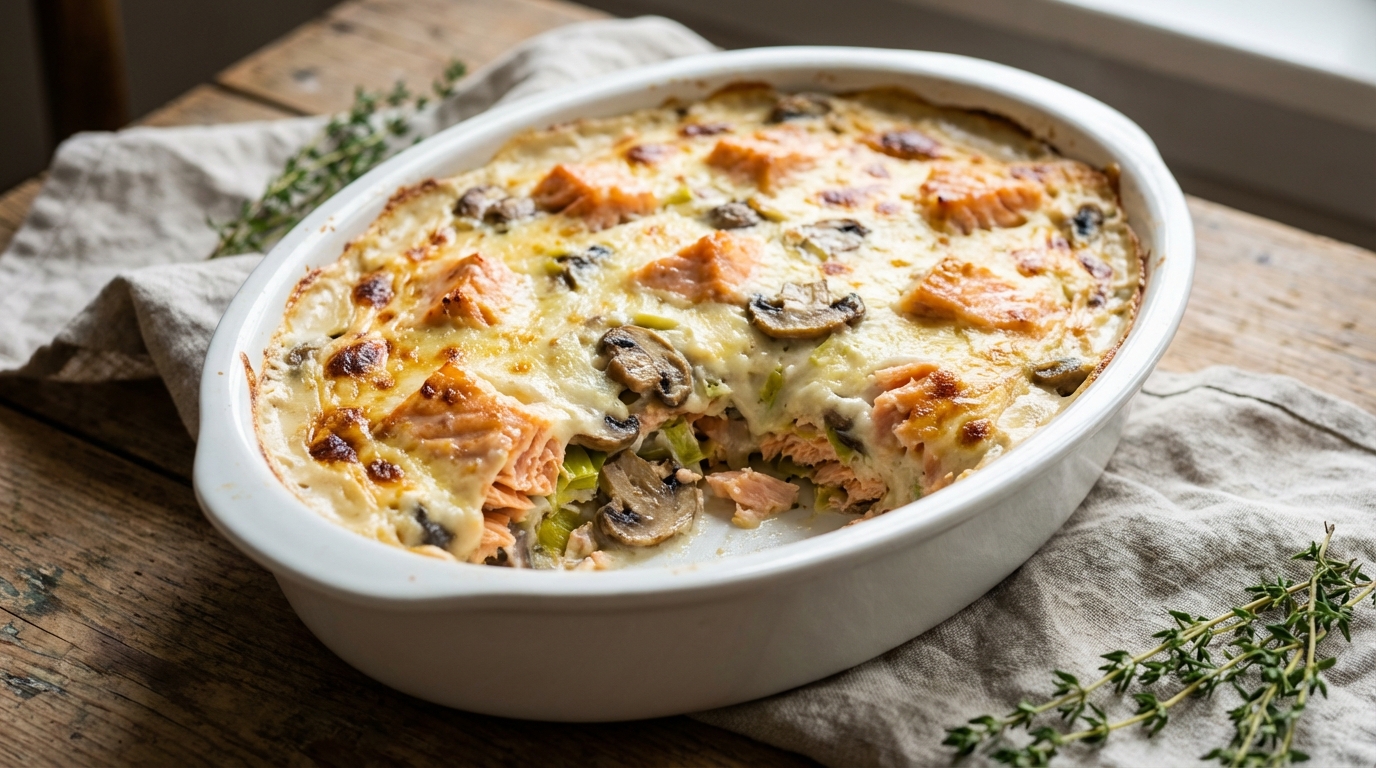 découvrez notre recette savoureuse de lasagnes au saumon, poireaux et champignons, délicatement nappées d'une béchamel légère pour un plat gourmand et équilibré.
