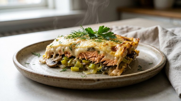 savourez nos délicieuses lasagnes au saumon, poireaux et champignons, généreusement nappées d'une béchamel légère et onctueuse, pour un plat gourmand et équilibré.