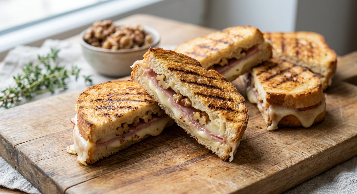 découvrez notre recette facile et gourmande de mini croque-monsieur au fromage frais, jambon et éclats de noix, parfaits pour un apéritif savoureux et original.