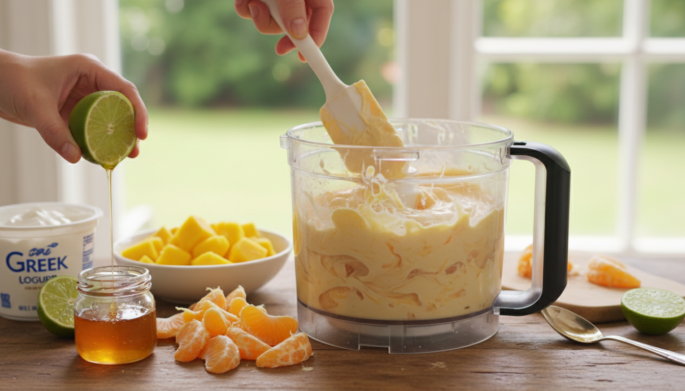 découvrez notre yaourt glacé mangue-clémentine prêt en 5 minutes, une douceur fruitée et rafraîchissante qui réchauffera vos hivers avec gourmandise.