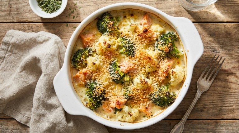 découvrez notre recette de gratin diététique au brocoli, chou-fleur et saumon, alliant légèreté et saveurs pour un repas sain et gourmand.