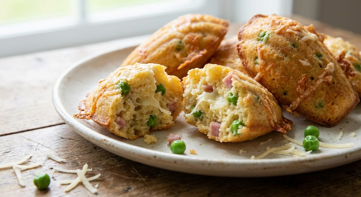découvrez nos madeleines légères aux petits pois, jambon et fromage râpé, une délicieuse bouchée savoureuse parfaite pour un apéritif ou une collation équilibrée.