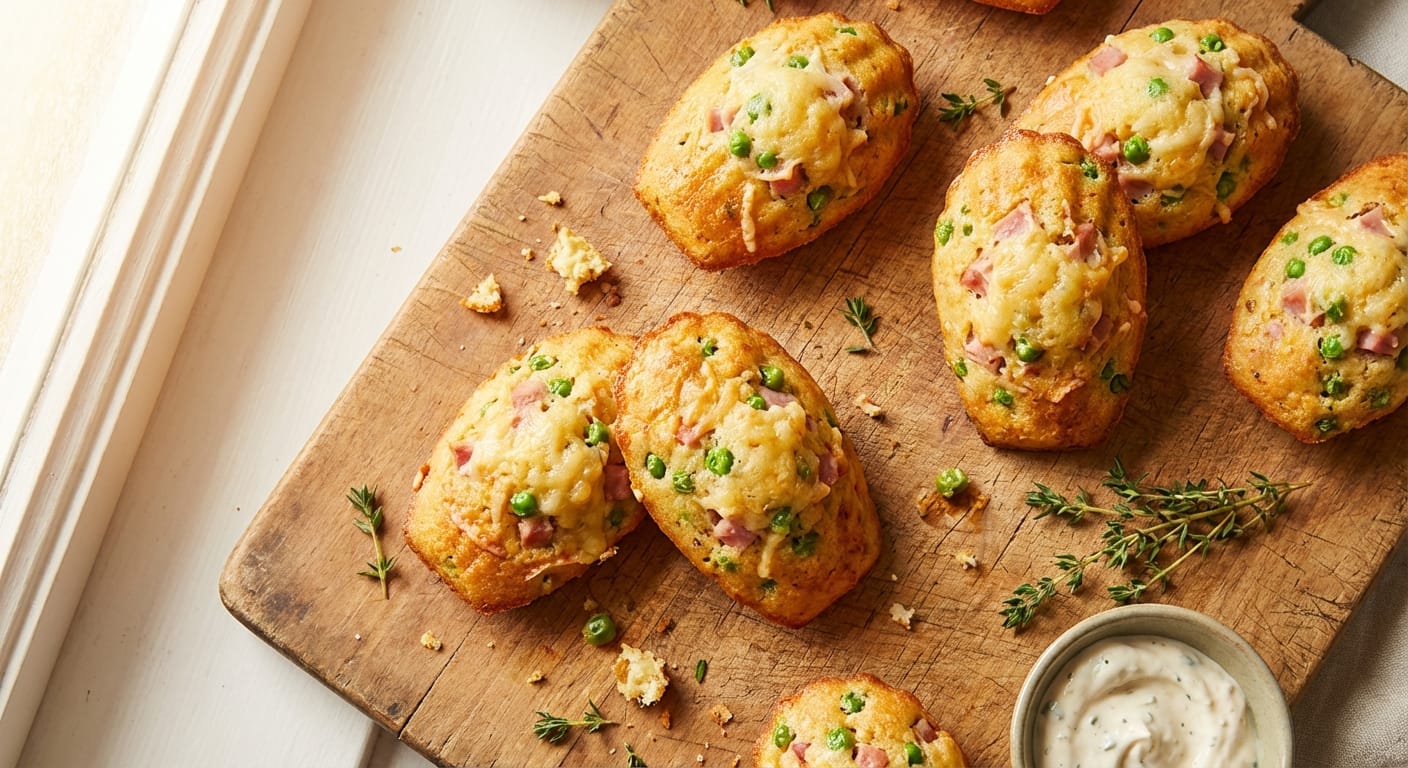 découvrez nos madeleines légères aux petits pois, jambon et fromage râpé, une bouchée savoureuse et gourmande parfaite pour un apéritif frais et équilibré.