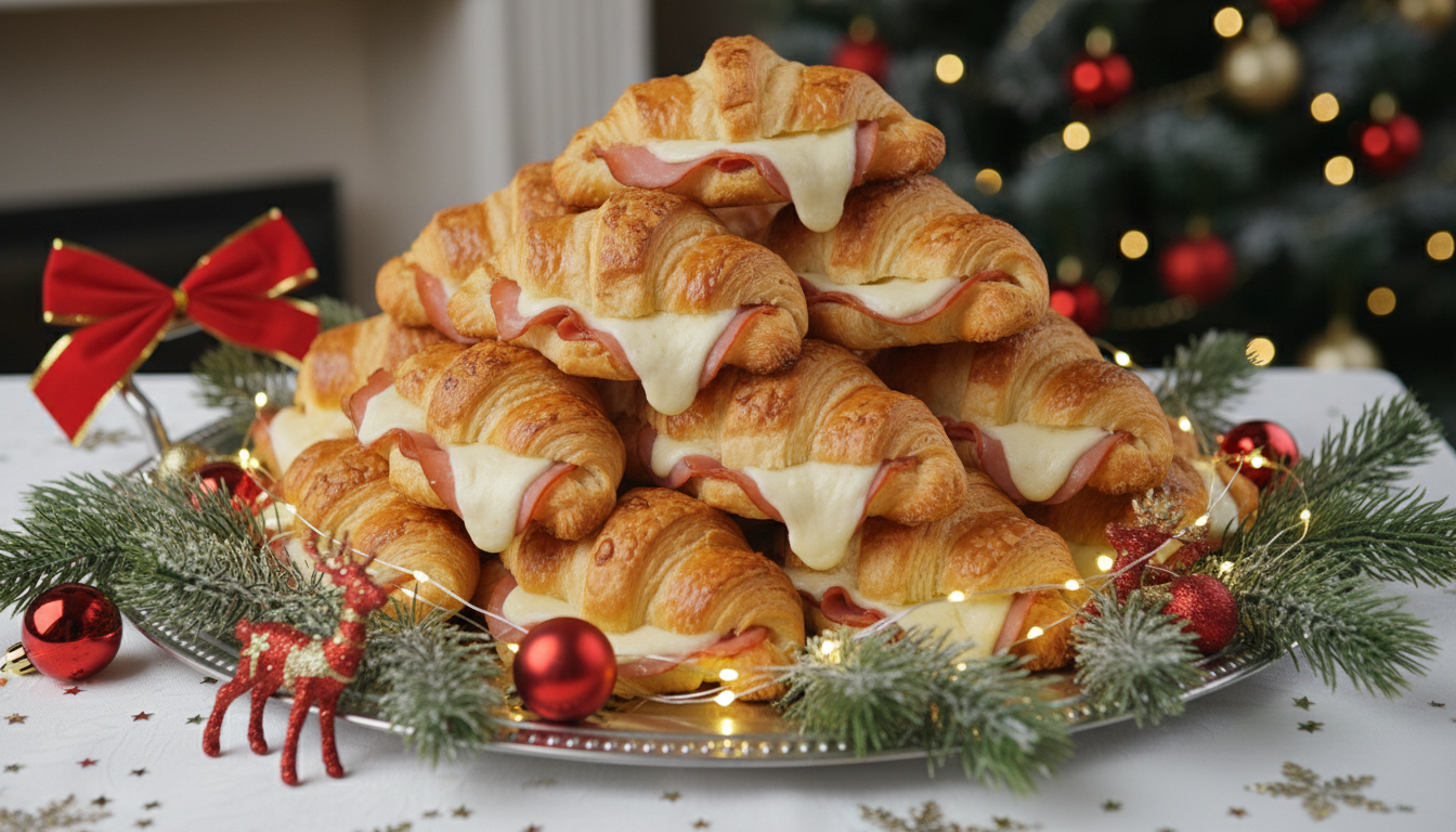 découvrez nos mini croissants dorés à la pâte feuilletée, jambon et mozzarella, une recette gourmande et facile pour régaler vos invités lors de l'apéro de noël.