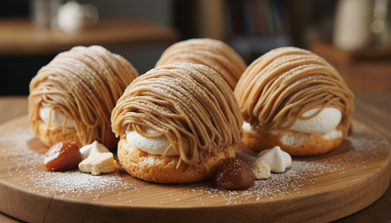 découvrez le mont-blanc revisité : une sphère légère et croustillante renfermant une glace au marron maison, une gourmandise qui conquiert les palais les plus exigeants.
