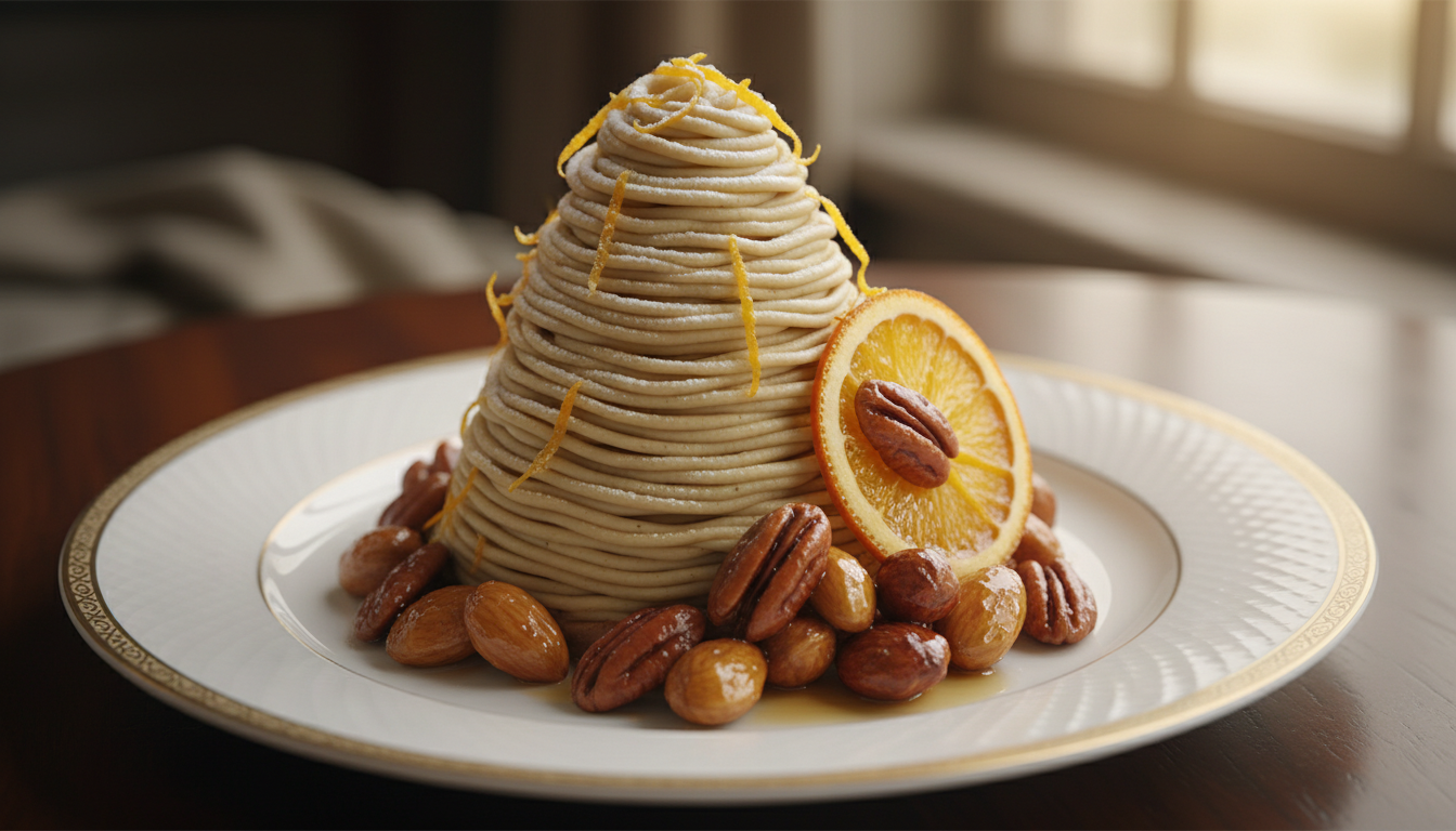 découvrez le mont-blanc revisité : une sphère croustillante, légère et glacée, garnie de marron maison, une délicieuse création qui ravira tous les palais.
