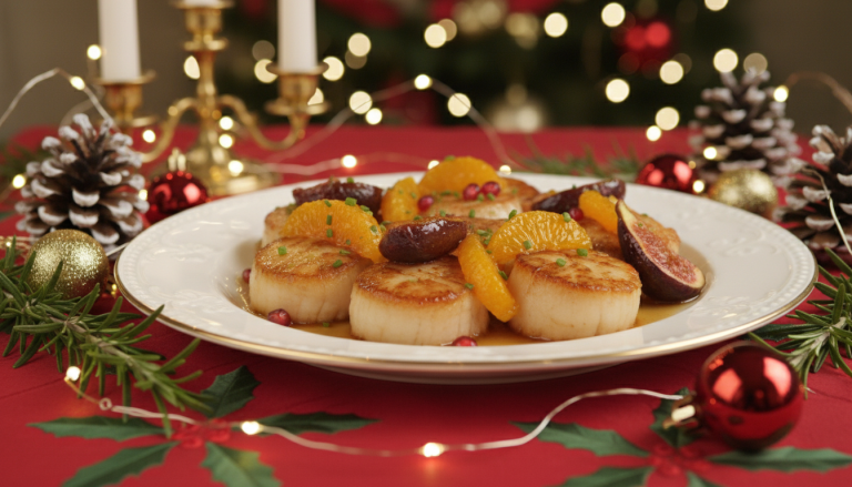 découvrez une entrée festive raffinée avec nos saint-jacques dorées accompagnées de clémentines sautées au caramel et d'une sauce délicate aux agrumes, pour un plaisir gustatif qui séduira tous les palais.