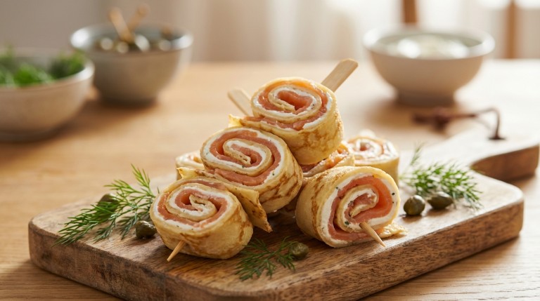 découvrez nos sucettes gourmandes de crêpes légères garnies de saumon fumé et de fromage frais, une recette raffinée et facile à préparer pour un apéritif savoureux.