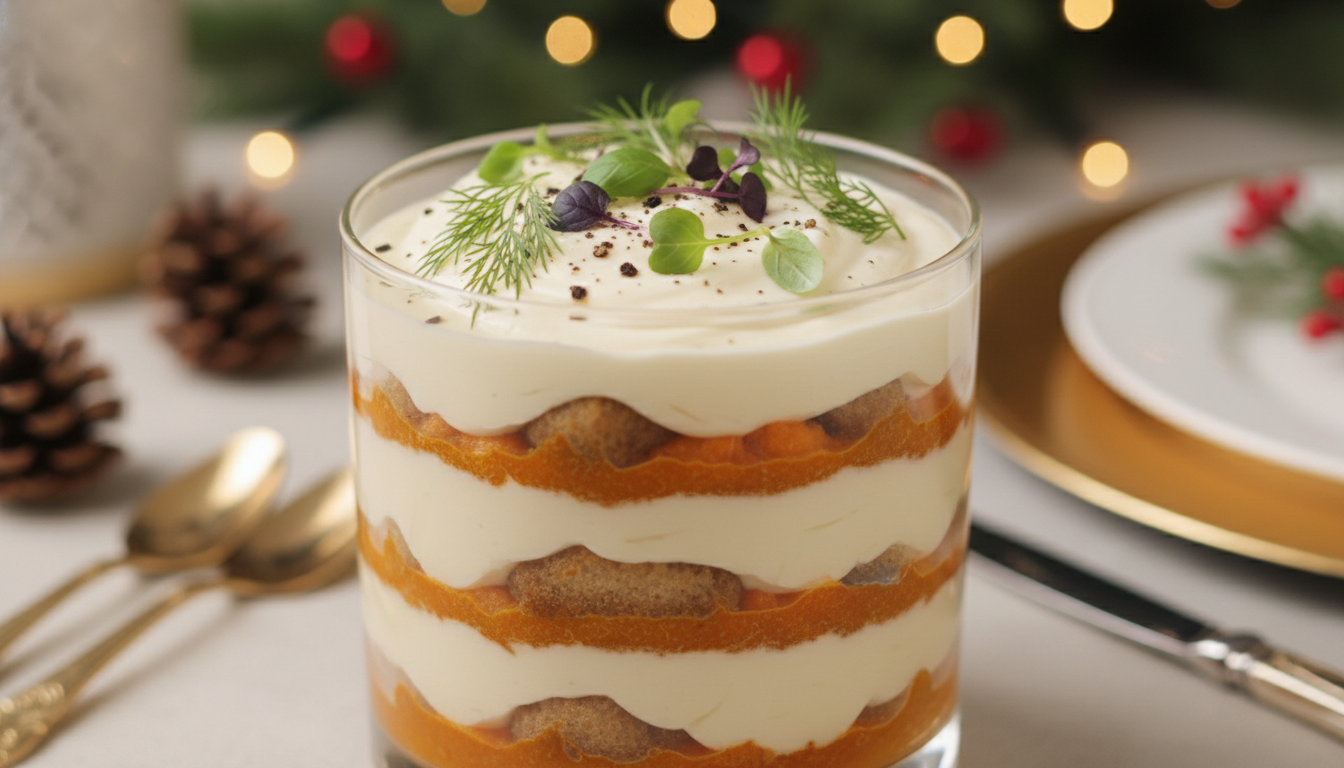 découvrez notre tiramisu salé aux carottes et mascarpone onctueux, une entrée originale et festive parfaite pour sublimer vos repas de noël avec élégance et saveurs.