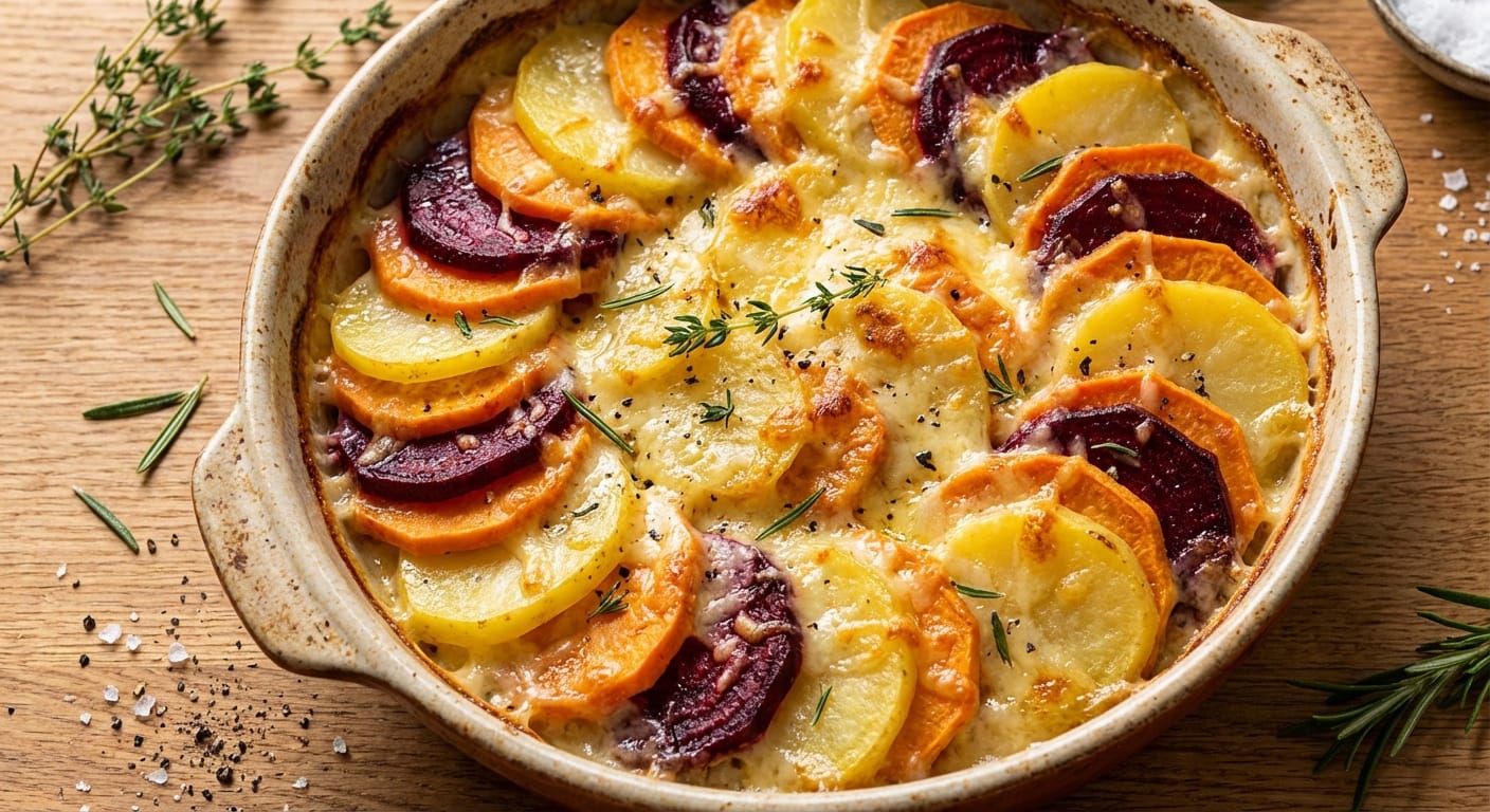 découvrez un gratin fondant et surprenant qui réinvente vos repas avec un mélange savoureux de pommes de terre, patates douces et betteraves.
