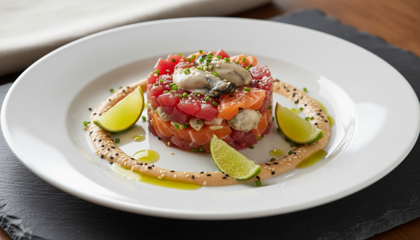 découvrez un tartare raffiné alliant poisson cru et huîtres, subtilement rehaussé de miso, citron vert et sésame pour une touche d'élégance et d'originalité à votre table de fête.