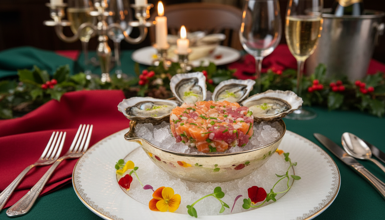 découvrez un tartare raffiné alliant poisson cru et huîtres, subtilement relevé au miso, citron vert et sésame, pour une touche d'élégance et d'originalité lors de vos repas de fête.