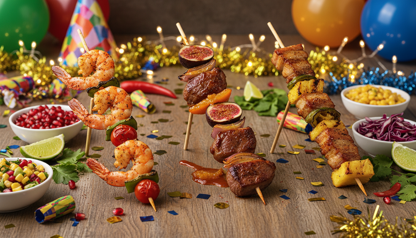 découvrez un trio surprenant de brochettes crevettes, canard et porc pour sublimer vos apéros de fêtes avec des saveurs inédites et festives.