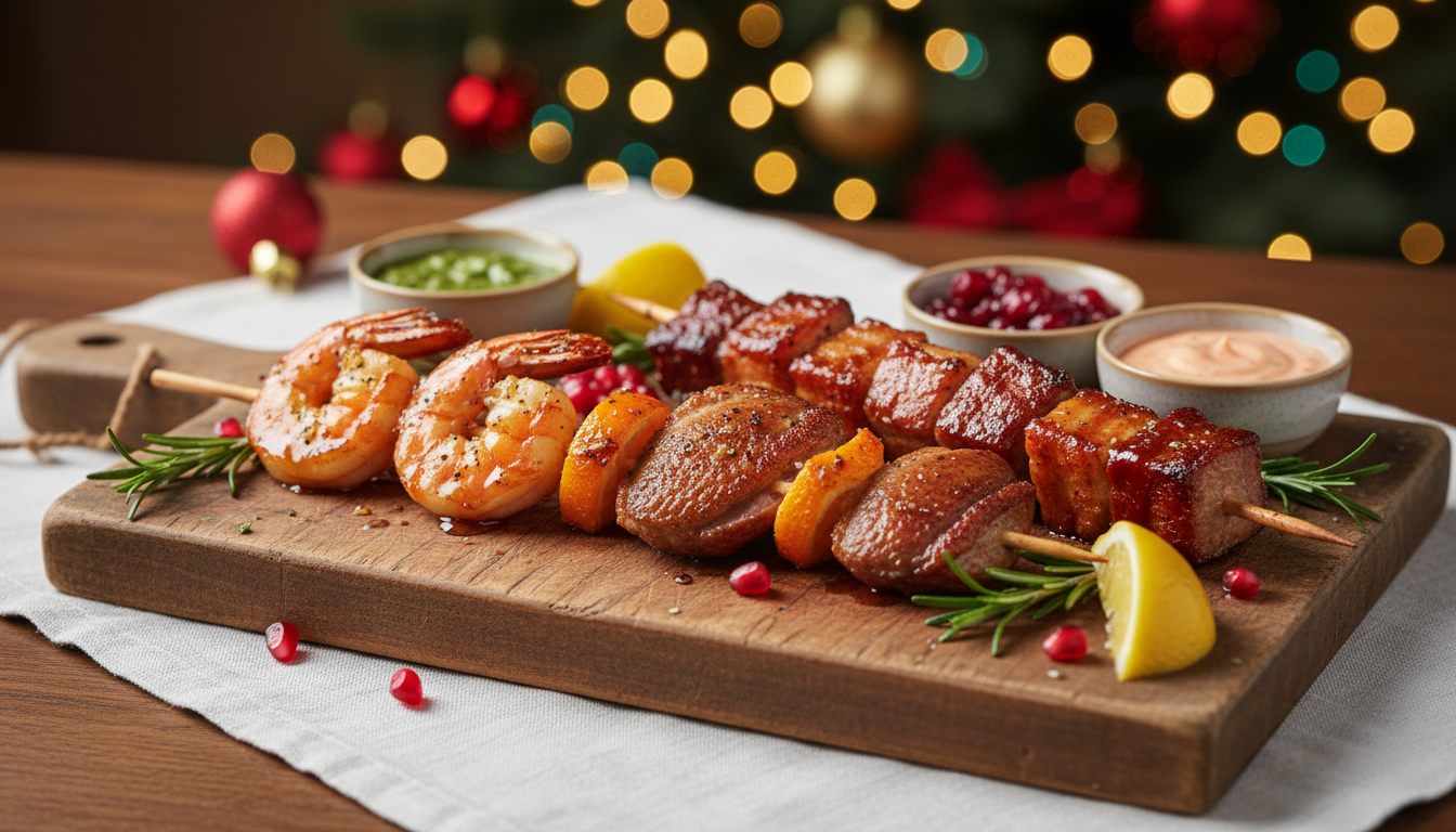 découvrez un trio original de brochettes crevettes, canard et porc qui transforme votre apéro de fêtes en un moment gourmand et surprenant. recette facile et festive à savourer entre amis.