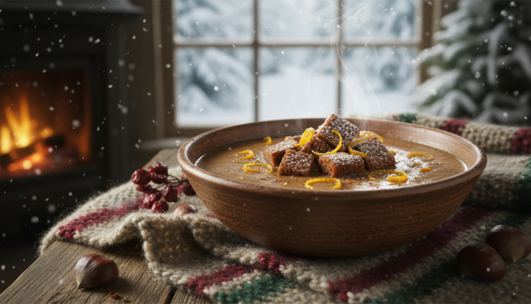 découvrez notre velouté chaud-froid aux châtaignes, épices et pain d’épice grillé, une recette gourmande et surprenante pour prolonger la magie des fêtes avec une explosion de saveurs.