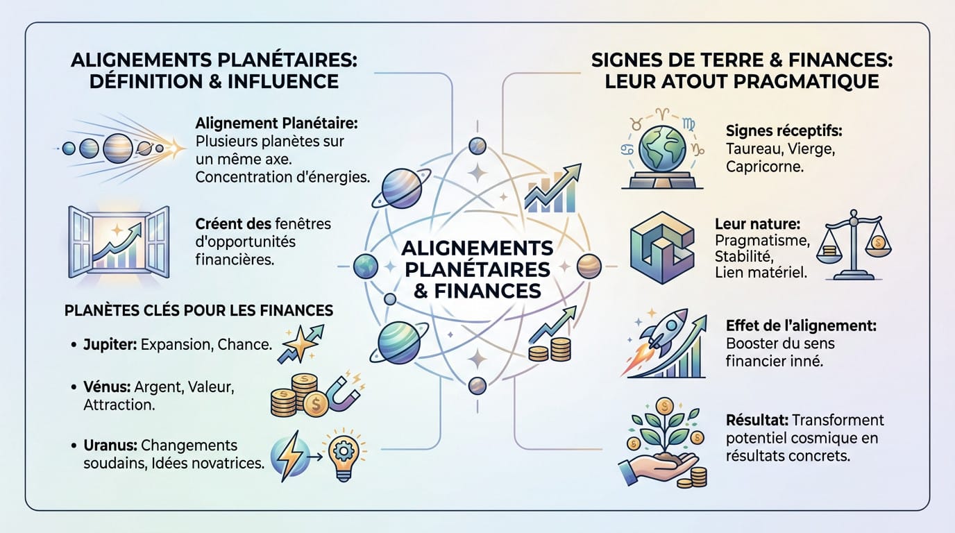 Infographie détaillée montrant l'impact des alignements planétaires sur les finances et les signes de terre