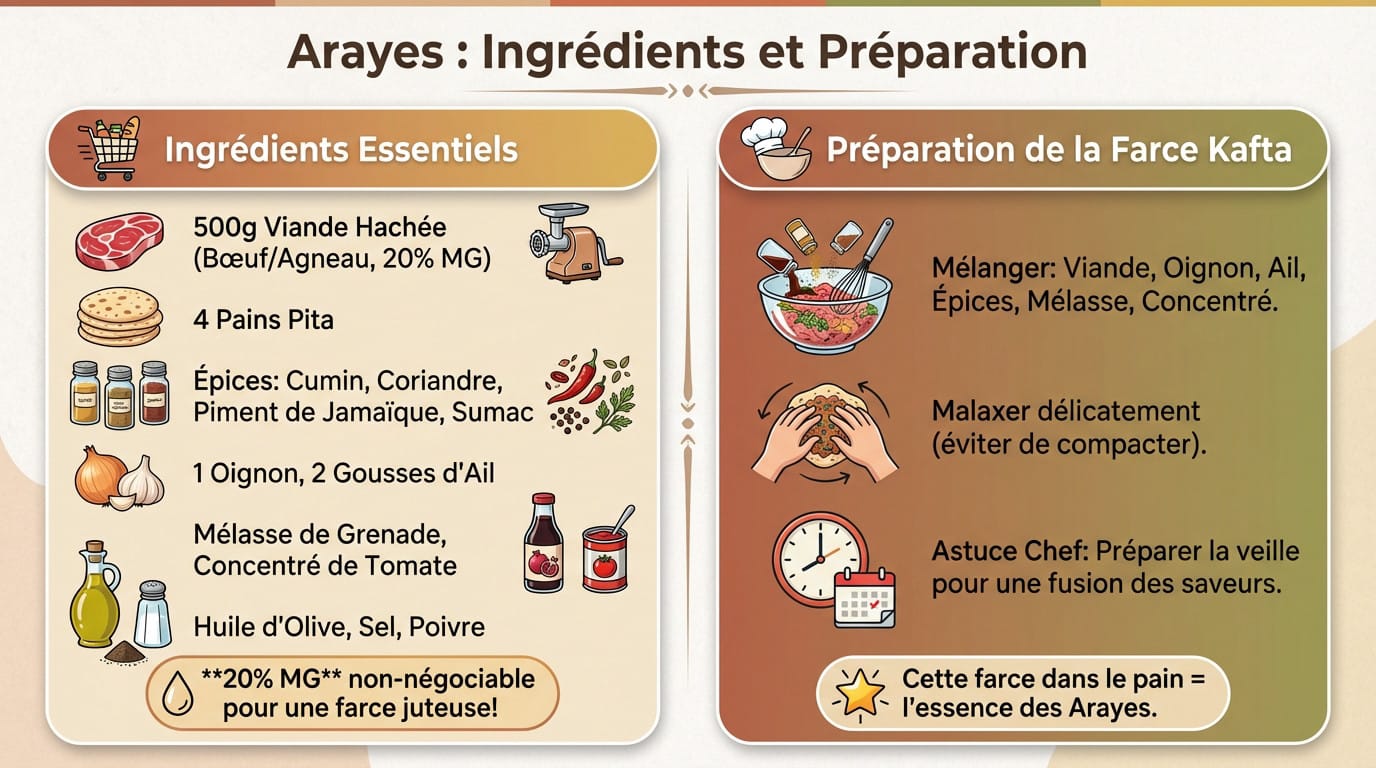 Préparation des ingrédients pour arayes avec viande hachée et épices