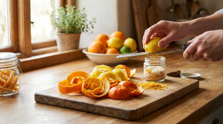 Préparation des écorces d'agrumes bio pour la cuisine zéro déchet