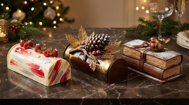 Bûches de Noël pâtissières décorées sur table festive