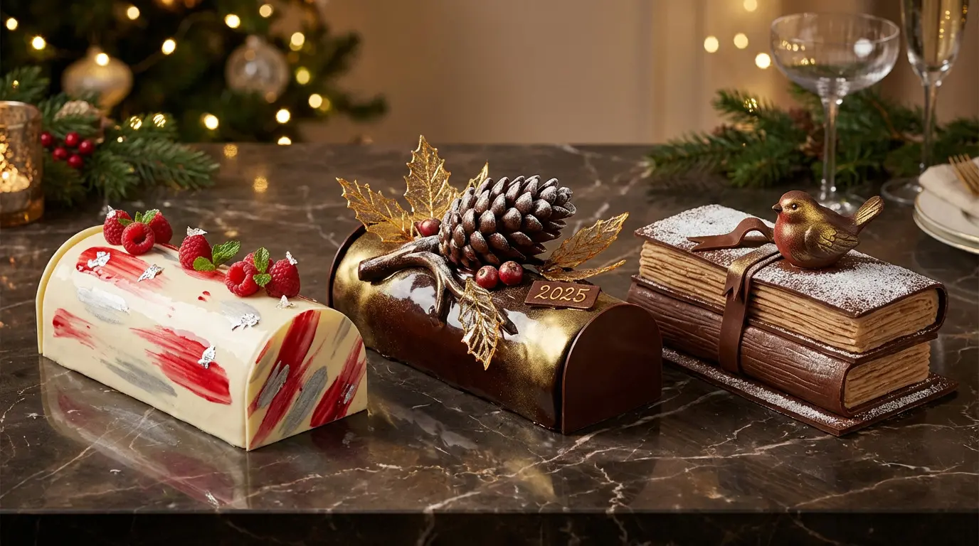 Bûches de Noël pâtissières décorées sur table festive