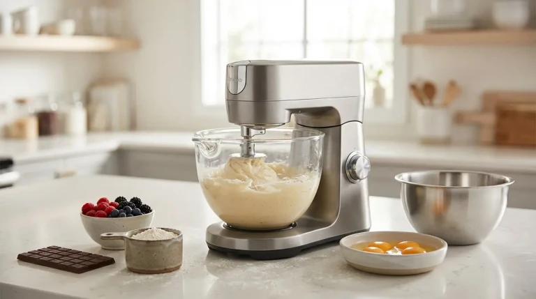 Robot de cuisine mélangeant une pâte sur un plan de travail