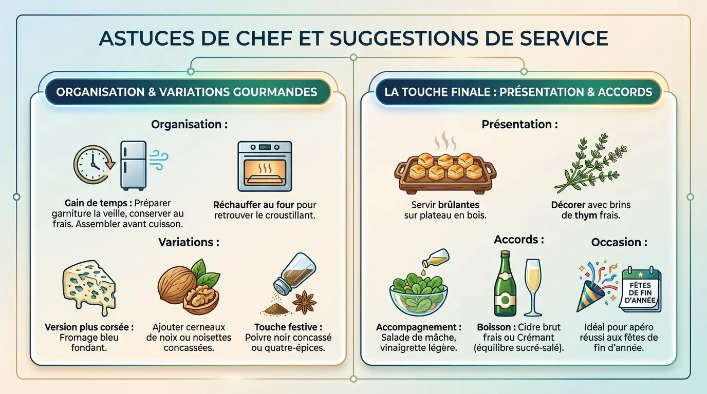 Feuilletés dorés et croustillants garnis de pomme, brie et oignon sur un plateau en bois