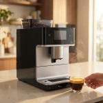 Machine à café moderne préparant un expresso fumant