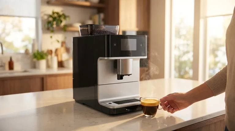 Machine à café moderne préparant un expresso fumant