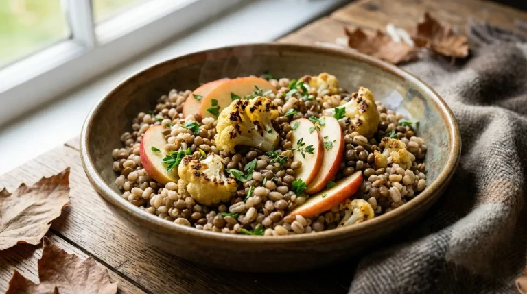 Salade de lentilles, chou-fleur grillé et pommes.