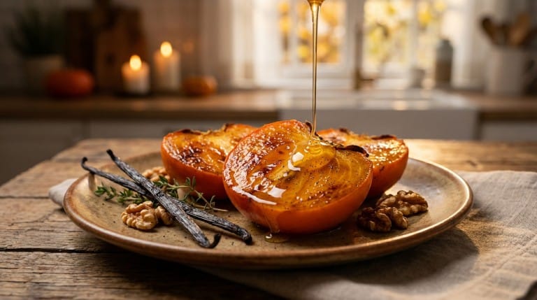 Kaki rôti au miel et vanille, dessert d'automne réconfortant