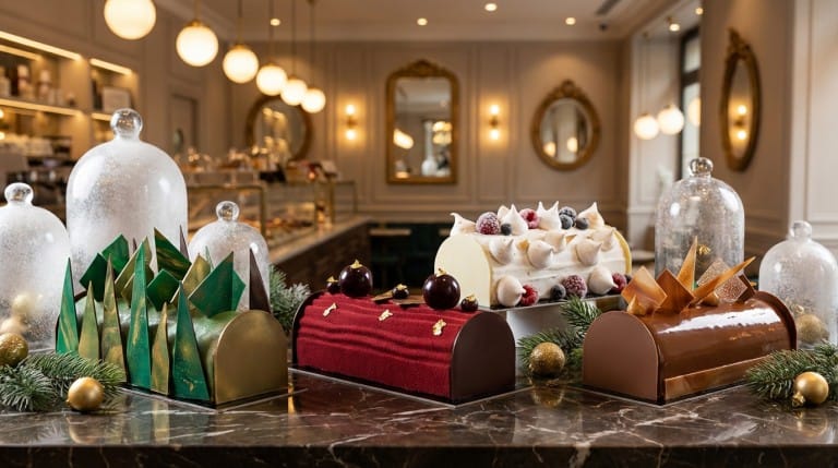 Bûche de Noël 2025 au Shangri-La Paris, design floral avec vanille intense et chocolat blanc