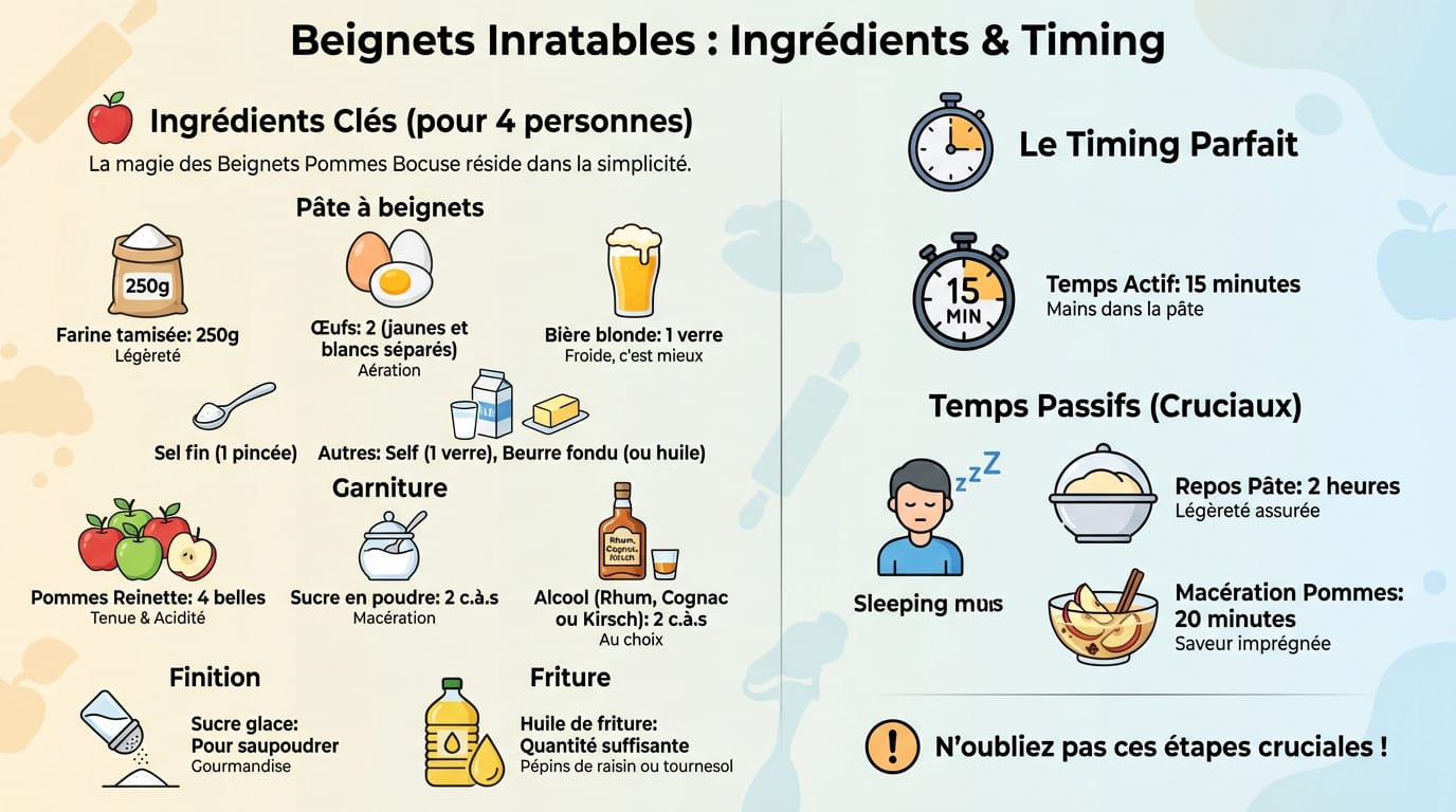 Ingrédients frais pour beignets de pommes : œufs, farine, pommes reinette et bière blonde