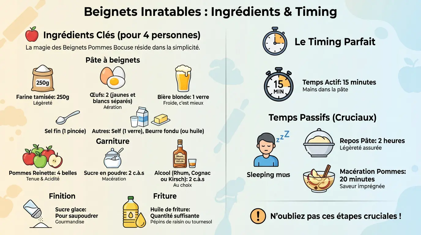Ingrédients frais pour beignets de pommes : œufs, farine, pommes reinette et bière blonde